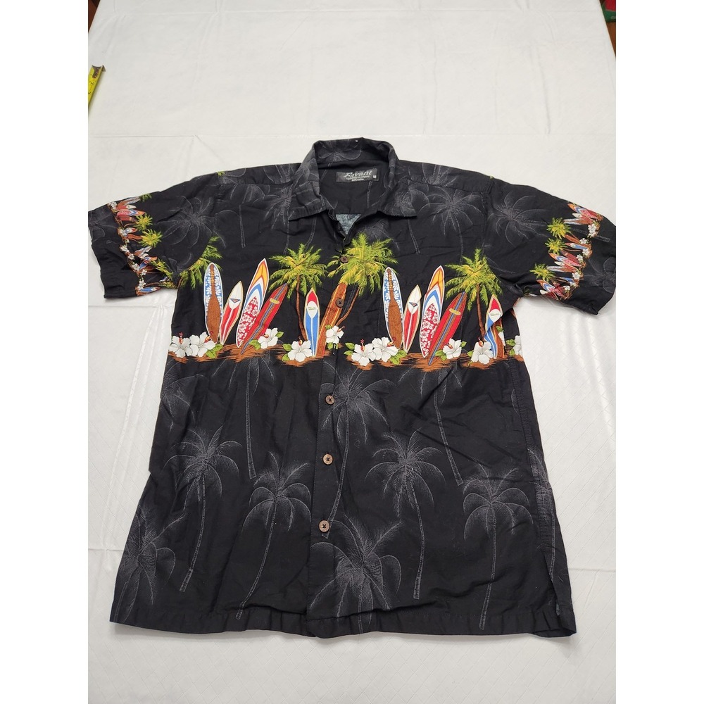 Favant Hawaiian Shirt Mens Medium Black Surfer Palm Tree Floral Aloha Surfboards